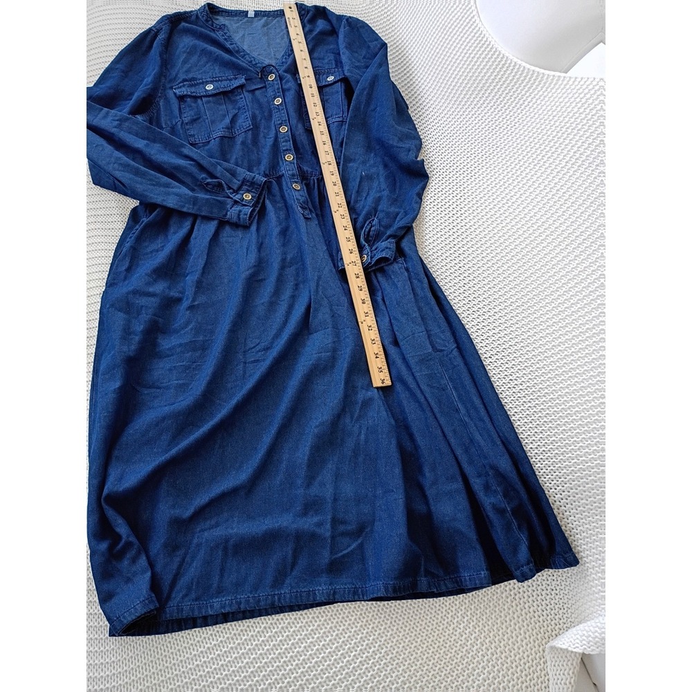 Blue Denim Cottagecore Button Front Midi Shirt Dress w/ Pockets 2XL 75% Cotton - Picture 4 of 13
